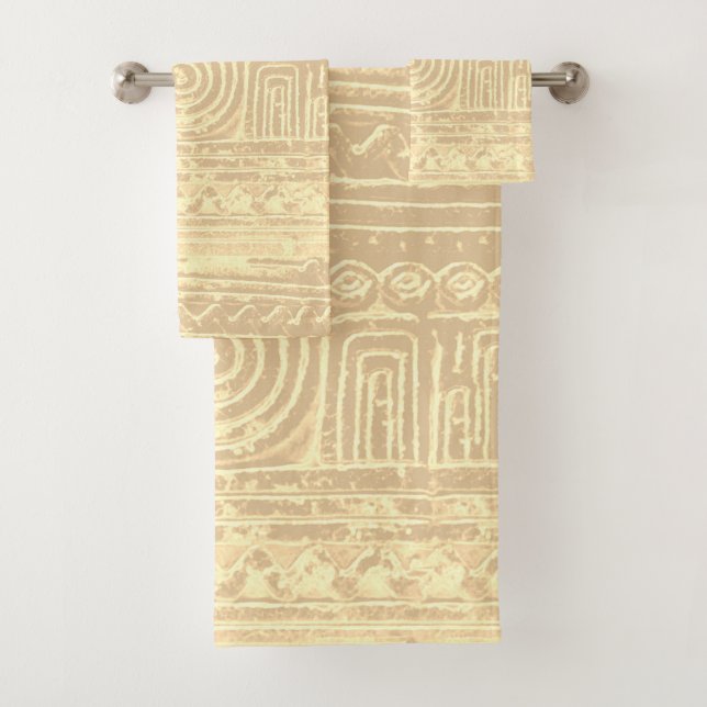 Ancient Sumerian Mesopotamian Pattern Cream Bath Towel Set (Insitu)