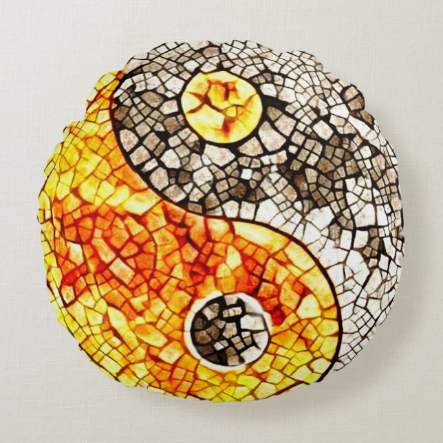 Ancient Temple Mosaic Yin Yang Symbol Round Cushion (Front)