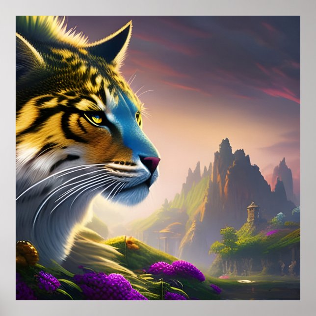 Ancient Tiger Surveys his kingdom,  Purple Flowers Poster (Front)