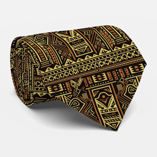 Ancient Tribal Black Orange Pattern Tie (Rolled)
