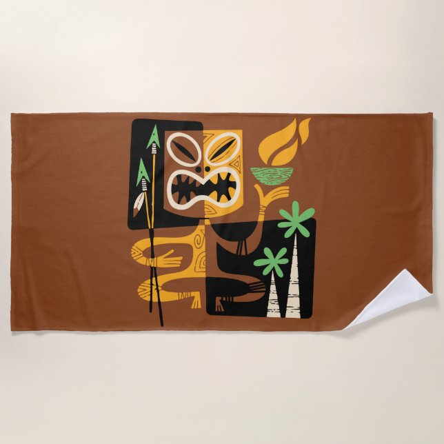 Ancient Tribal Rituals: Man with Fire and Spears Beach Towel (Front)