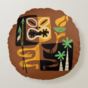 Ancient Tribal Rituals: Man with Fire and Spears Round Cushion