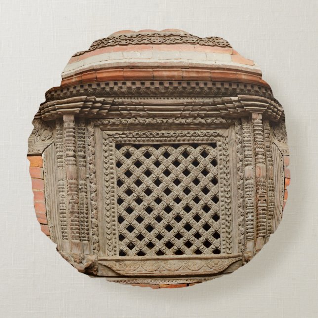 Ancient window in Nasal Chowk Courtyard of Hanuman Round Cushion (Front)