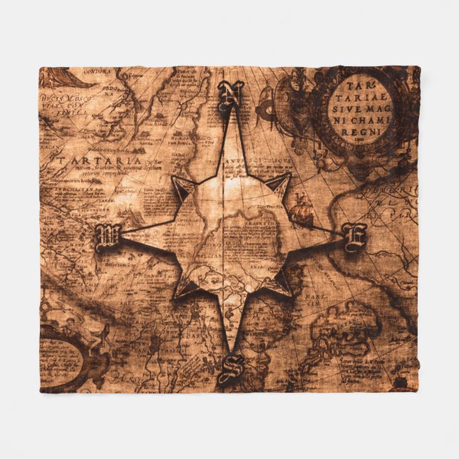 Ancient World Traveller - Map & Compass Rose Fleece Blanket (Front (Horizontal))