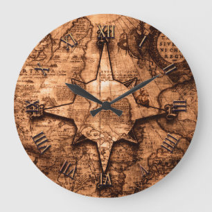 Ancient World Traveller - Map & Compass Rose Large Clock