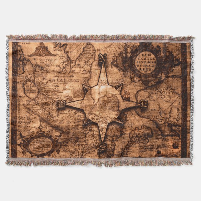 Ancient World Traveller - Map & Compass Rose Throw Blanket (Front)