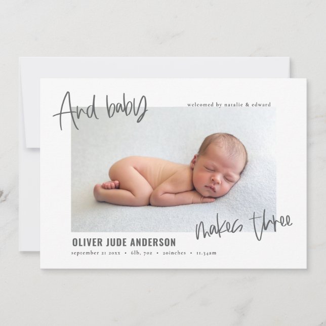 And baby makes three photo modern birth announcement (Front)