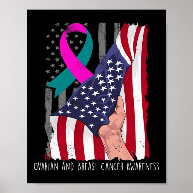 And Breast Cancer Awareness American Flag Ribbon  Poster (Front)
