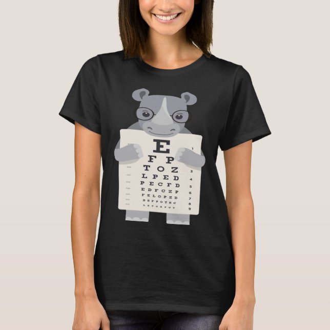 and Cute Rhino with Glasses holding an Eye Chart T-Shirt (Front)