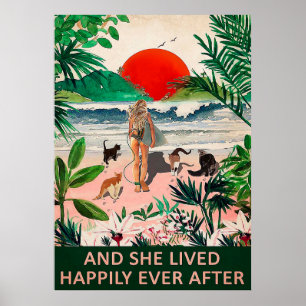 And She Lived Happily Cats Surfing Vertical Poster