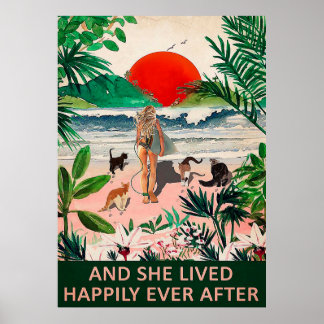 And She Lived Happily Cats Surfing Vertical Poster