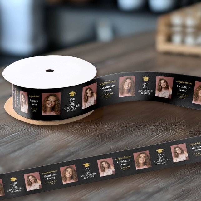 And So Adventure Awaits Modern Graduation 2 Photo Satin Ribbon (Custom Graduation Ribbon)