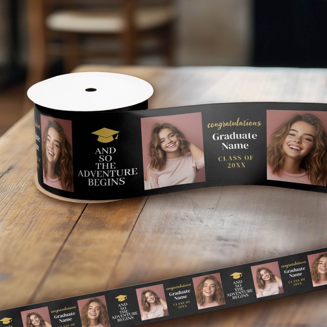 And So Adventure Awaits Modern Graduation 2 Photo Satin Ribbon (Custom Graduation Ribbon)
