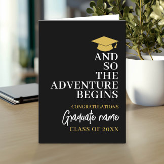 And So The Adventure Begins Black Gold Graduation Card