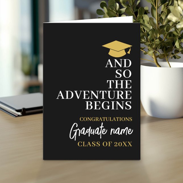 And So The Adventure Begins Black Gold Graduation Card (Custom Graduation Greeting Card - Add the Graduate's Name)