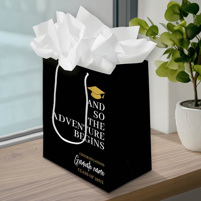 And So The Adventure Begins Black Gold Graduation Medium Gift Bag (Custom Graduation Gift Bag with a pace for the graduate's name)