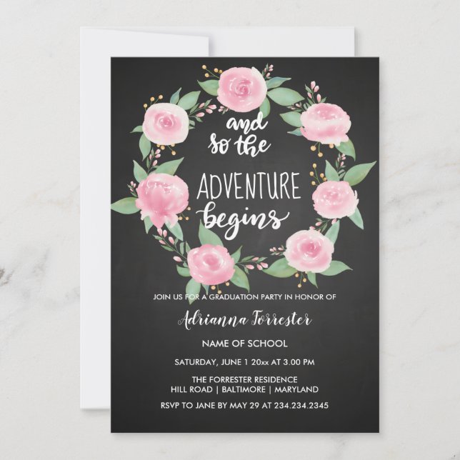 And So The Adventure Begins | Chalkboard Graduate Invitation (Front)