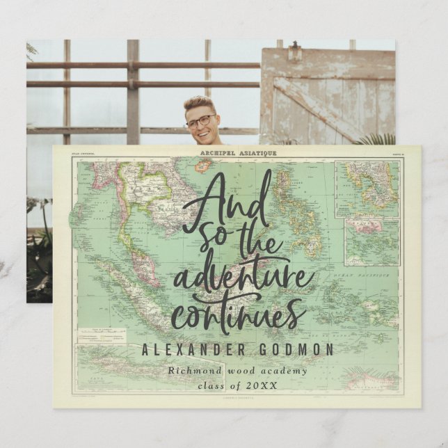 And so the adventure continues photo graduation invitation (Front/Back)