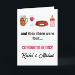And Then There Were Four New Baby Card<br><div class="desc">Congratulate the happy couple with this lovely cute card. It features a beer glass,  a wine glass,  a bowl,  and a baby milk bottle. Lovely to give to any new parents. All text can be customised to suit your own needs. Personalise with the names of the happy couple.</div>