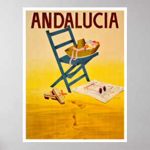 Andalucia beach,Spain,summer hat on chair, vintage Poster