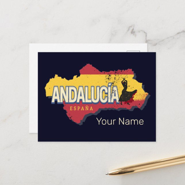 Andalusia Spain Retro Map Vintage Flamenco Holiday Postcard (Front/Back In Situ)
