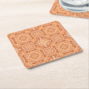 Andalusian Star Pattern in Peach and Terracotta Square Paper Coaster