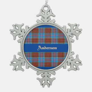 Anderson Family Crest W/ Anderson Tartan Snowflake Pewter Christmas Ornament