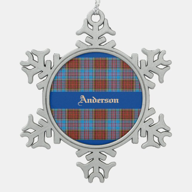 Anderson Family Crest W/ Anderson Tartan  Snowflake Pewter Christmas Ornament (Front)