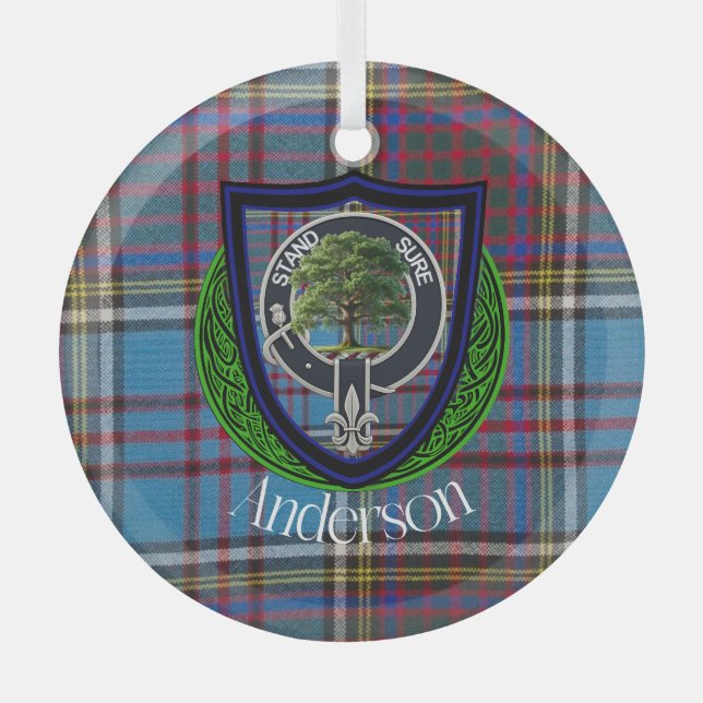 Anderson Scottish Clan Tartan & Crest Glass Tree Decoration (Front)