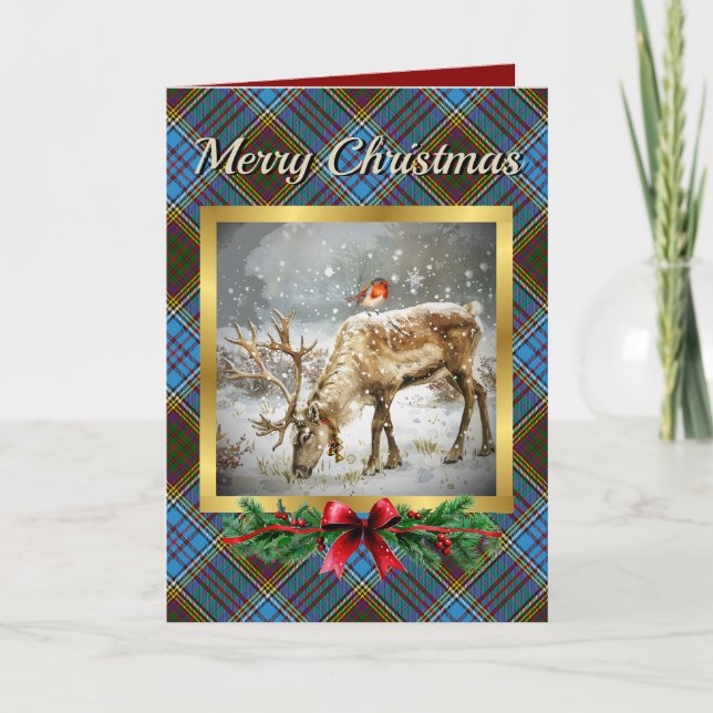 Anderson Stag & Robin Tartan Personalised  Holiday Card (Front)