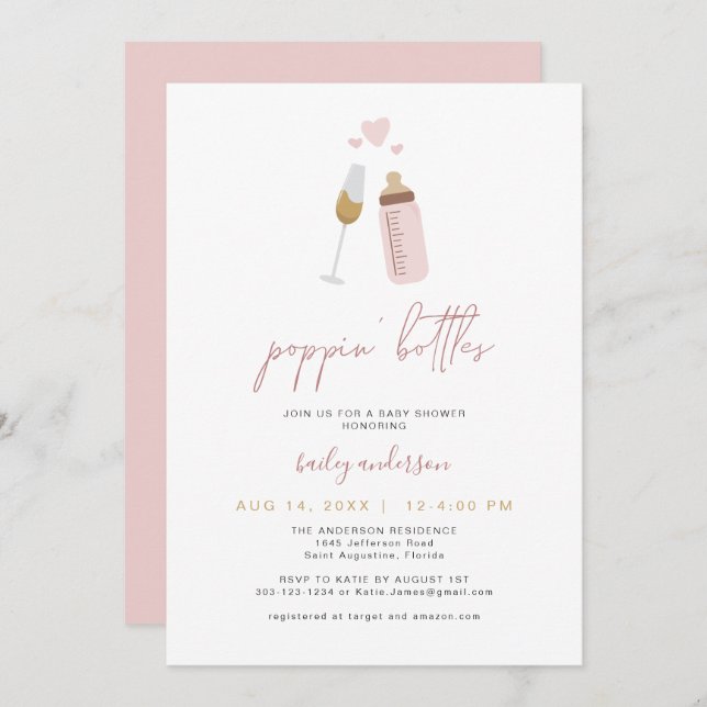 ANDI Pink Poppin' Bottles Boy Baby Shower  Invitation (Front/Back)