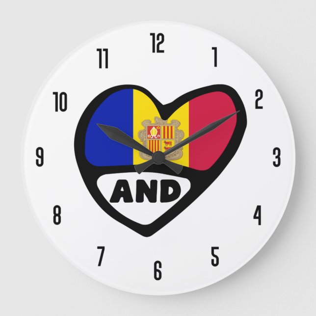 Andorra Country Code AND Flag Heart Large Clock (Front)