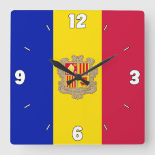 Andorra Flag Numbers Blue Yellow Red Coat Of Arms Square Wall Clock