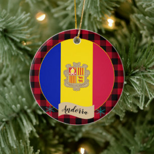 Andorra, Red buffalo plaid & Andorran Flag Ceramic Ornament