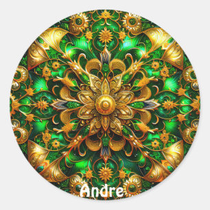 ANDRE ~ Shiny Green and Gold Christmas ~ Classic Round Sticker