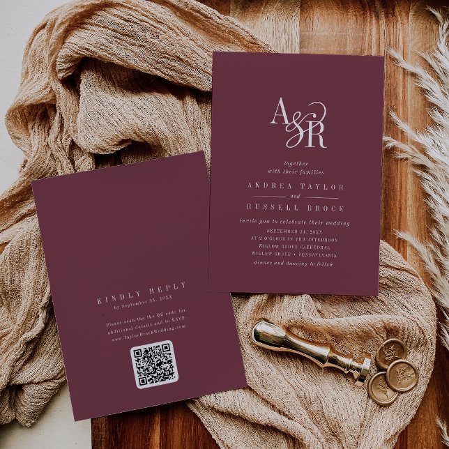 ANDREA Burgundy QR Code Classic Elegant Wedding Invitation (ANDREA Burgundy QR Code Classic Elegant Wedding Invitation)