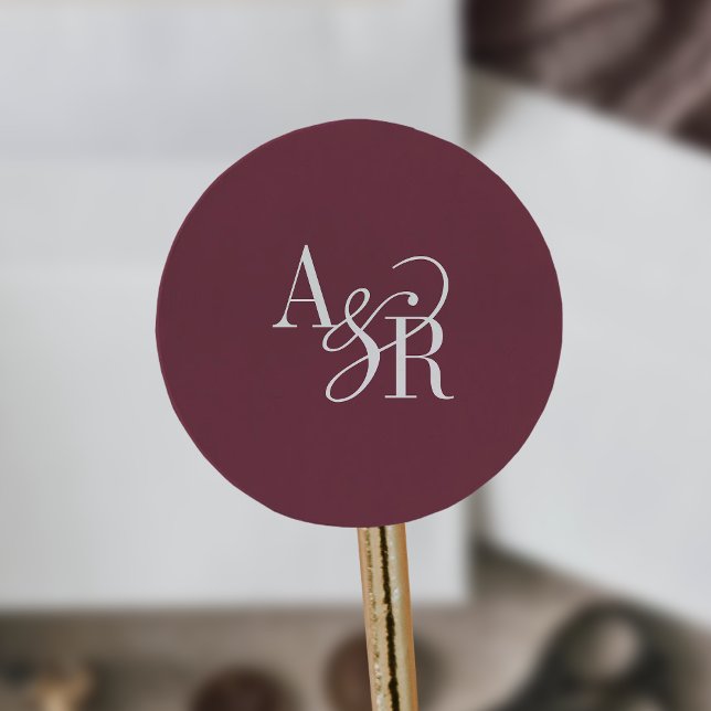 ANDREA Burgundy Red Modern Simple Wedding Monogram Classic Round Sticker (ANDREA Burgundy Red Modern Simple Wedding Monogram Classic Round Sticker)