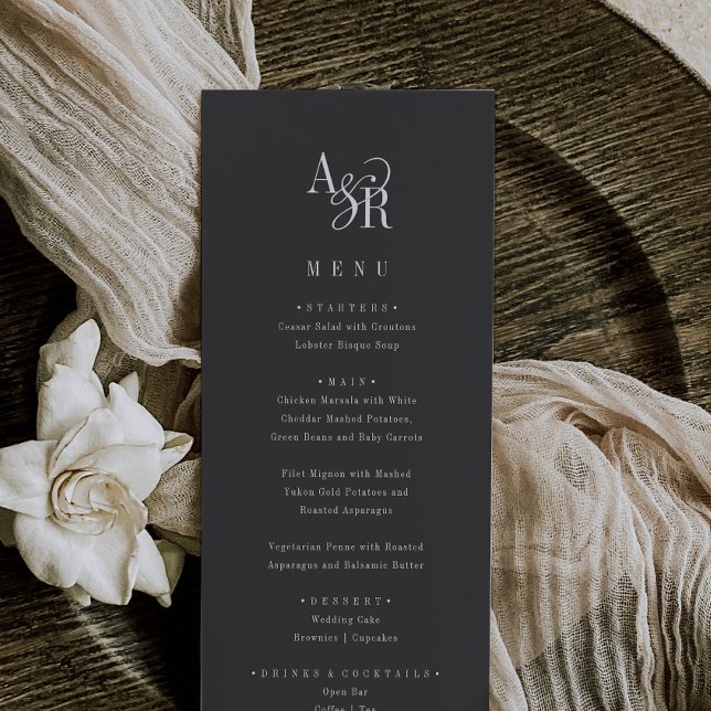 ANDREA Classic Grey Dark Academia Monogram Wedding Menu (ANDREA Classic Gray Dark Academia Monogram Wedding Menu)