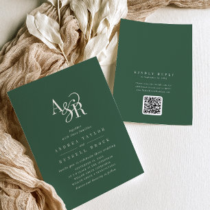 ANDREA Dark Green QR Code Classic Elegant Wedding Invitation