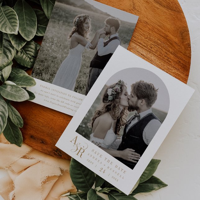 ANDREA Gold White Minimalist Boho Initials Wedding Save The Date (ANDREA Gold White Minimalist Boho Initials Wedding Save The Date)