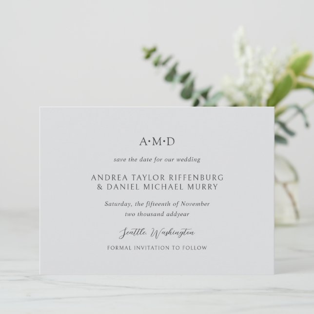 Andrea Grey Elegant Wedding Save The Date (Standing Front)