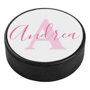 Andrea monogram pink text custom name initial hockey puck
