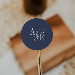 ANDREA Navy Blue Modern Simple Wedding Monogram Classic Round Sticker