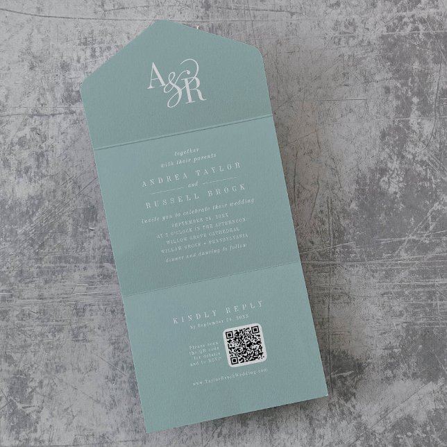 ANDREA QR Code Teal Blue Simple Minimal Wedding All In One Invitation (ANDREA QR Code Teal Blue Simple Minimal Wedding All In One Invitation)