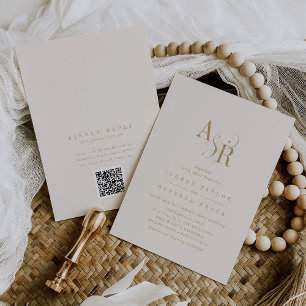 ANDREA QR Code Vintage Gold Cream Modern Wedding Invitation