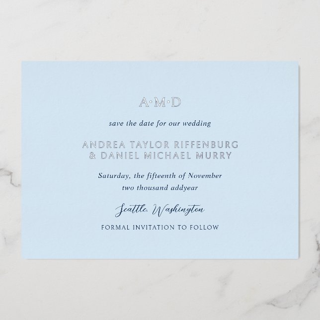 Andrea Sky Blue Elegant Wedding Save The Date (Front)