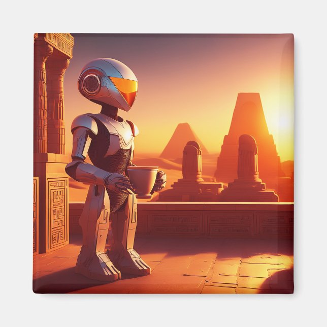 Android Drinking Coffee Looking At Pyramids Magnet (Front)