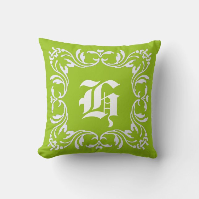Android Green background | Damask Monogram Cushion (Front)