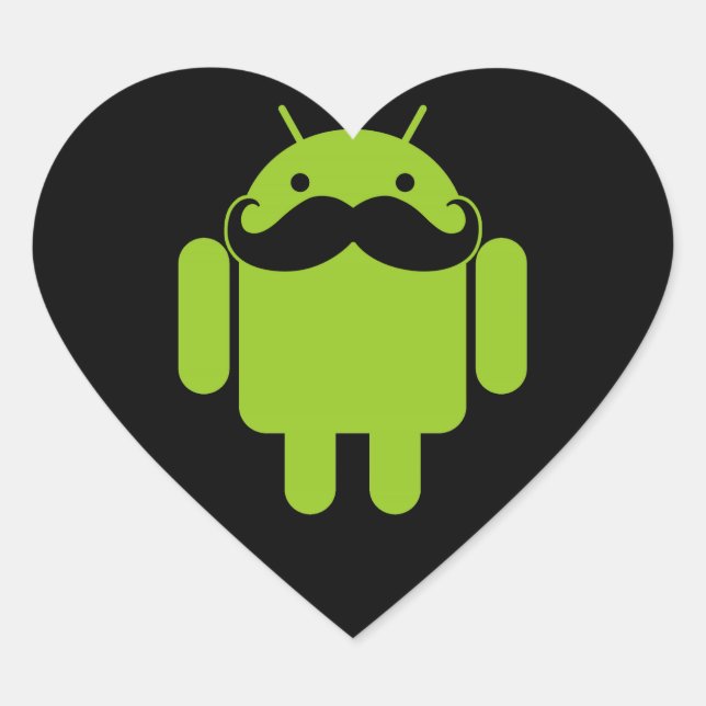 Android Robot Icon Moustache on Black Heart Sticker (Front)