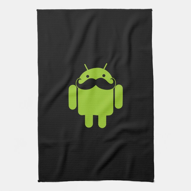 Android Robot Icon Moustache on Black Tea Towel (Vertical)